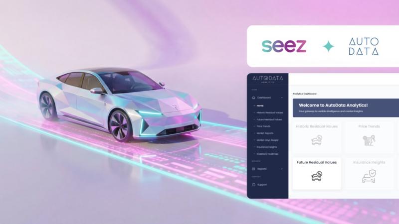 Seez AutoData dashboard shown alongside a digital rendering of a car — automotive AI platform for dealerships