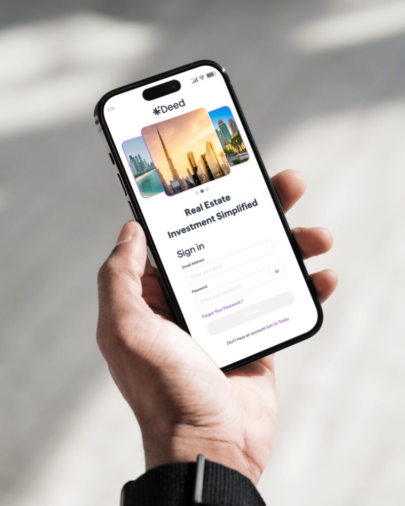 Deed real estate investment platform app displayed on a smartphone held in hand