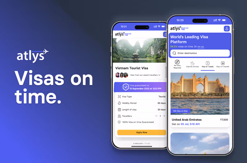 Atlys visa application mobile app shown on a smartphone during its UAE market launch